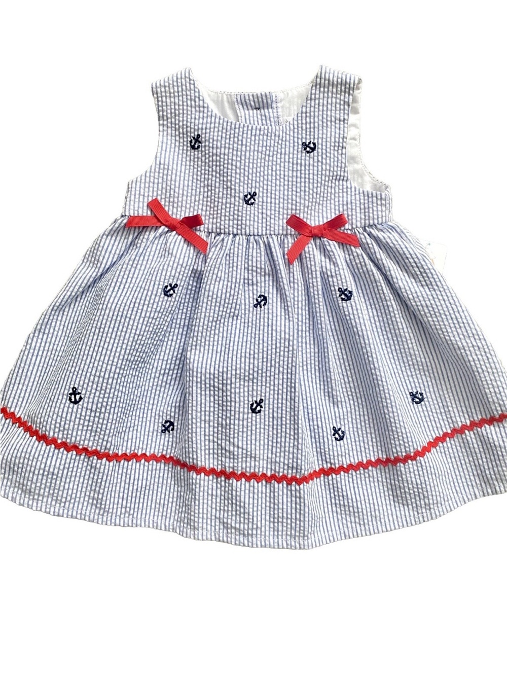Starting Out Girls 12 Month Blue White Red Stripe Nautical Dress Seersucker NWT